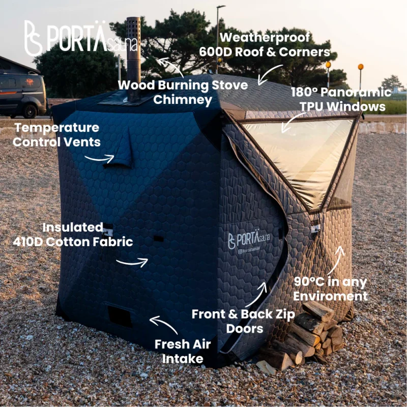 Portable wood burning sauna on the beach Dorset