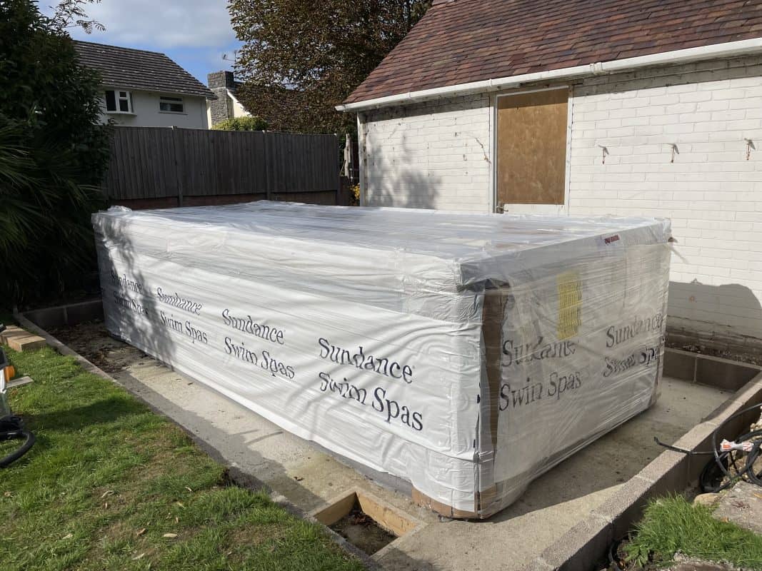 Swim spa in position, ready for the deck to be built, Ferndown, Dorset.